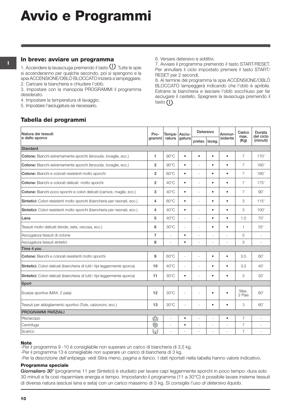 Avvio e programmi | Indesit IWDE-127-EU User Manual | Page 10 / 56