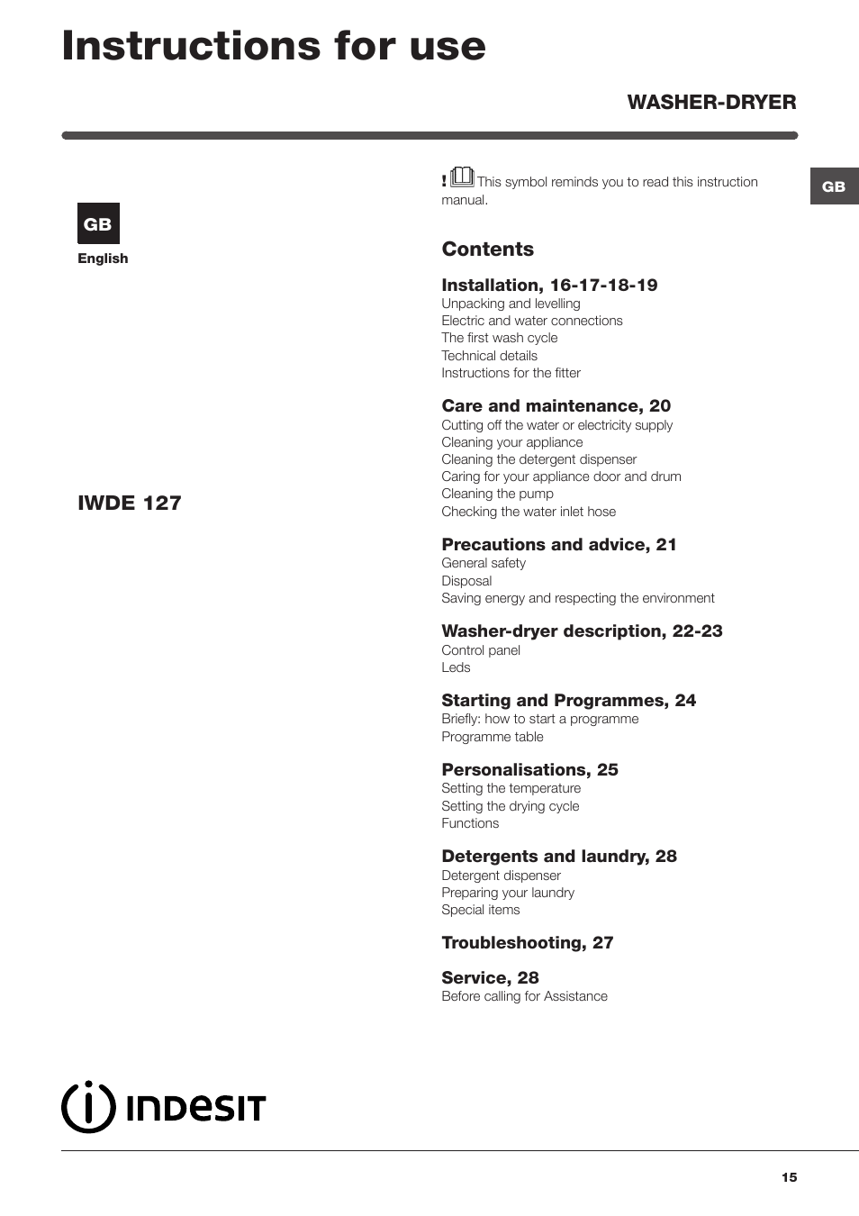 Indesit IWDE-127-EU User Manual | Page 15 / 56