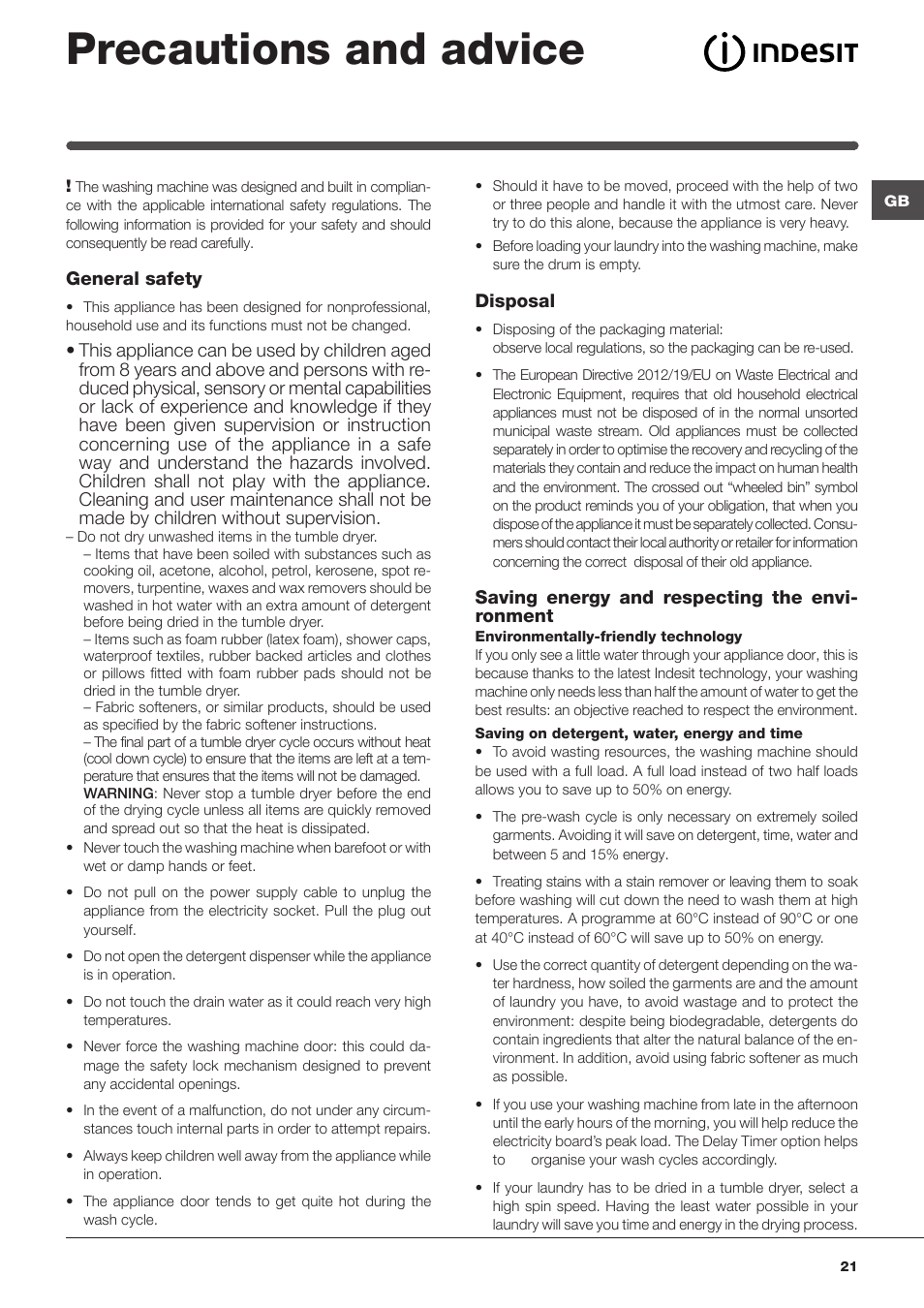 Precautions and advice | Indesit IWDE-127-EU User Manual | Page 21 / 56