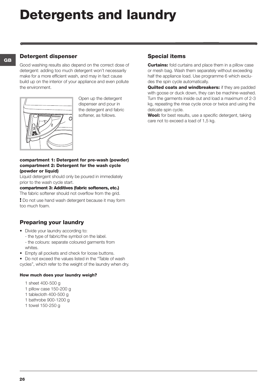 Detergents and laundry | Indesit IWDE-127-EU User Manual | Page 26 / 56