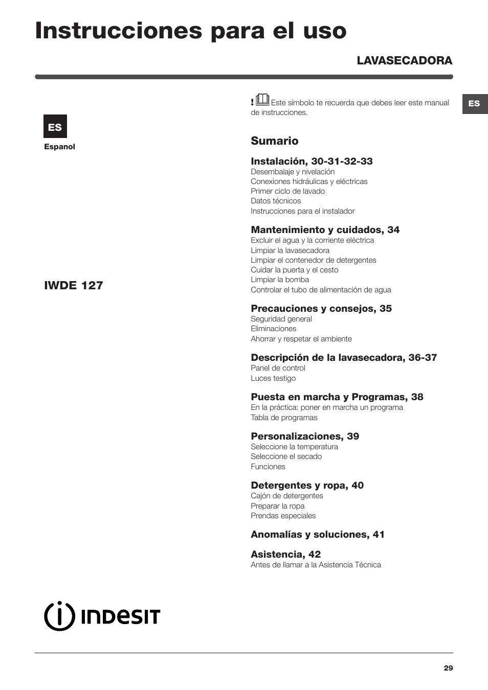 Instrucciones para el uso, Sumario, Lavasecadora iwde 127 | Indesit IWDE-127-EU User Manual | Page 29 / 56