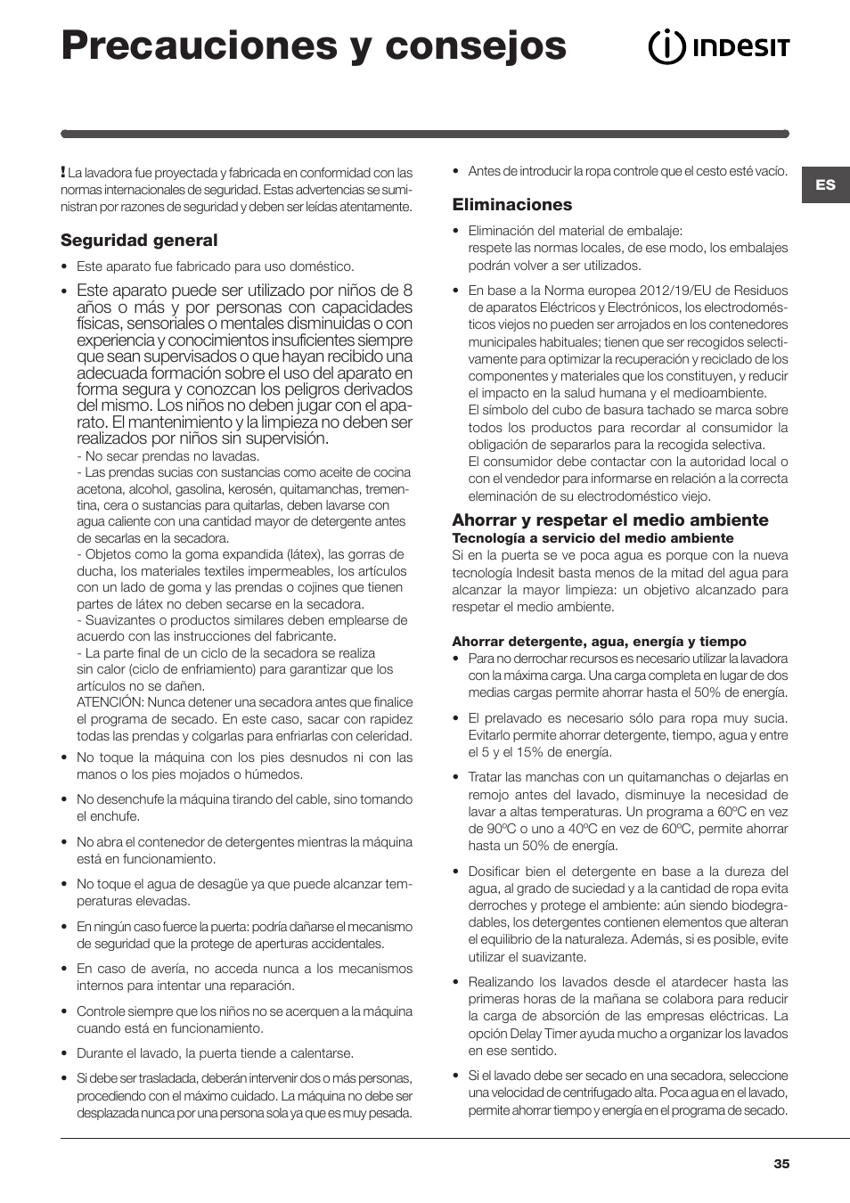 Precauciones y consejos | Indesit IWDE-127-EU User Manual | Page 35 / 56