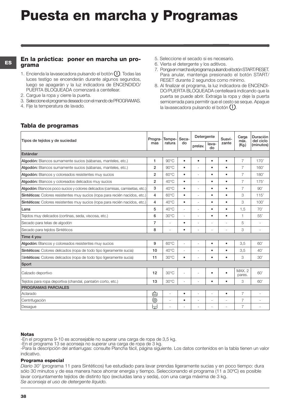 Puesta en marcha y programas | Indesit IWDE-127-EU User Manual | Page 38 / 56