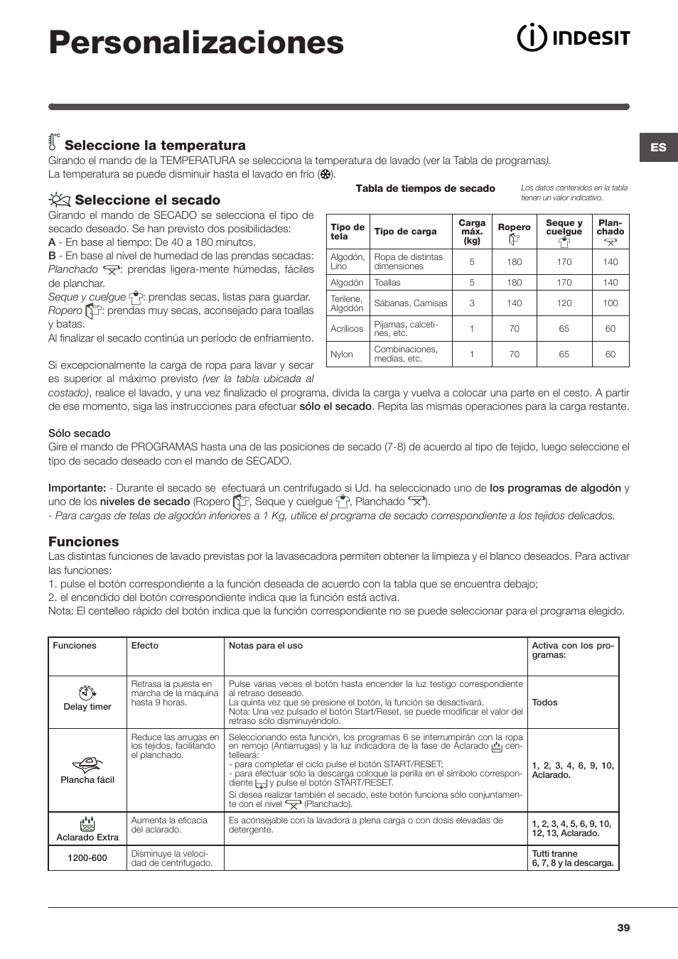 Personalizaciones, Seleccione la temperatura, Seleccione el secado | Funciones | Indesit IWDE-127-EU User Manual | Page 39 / 56