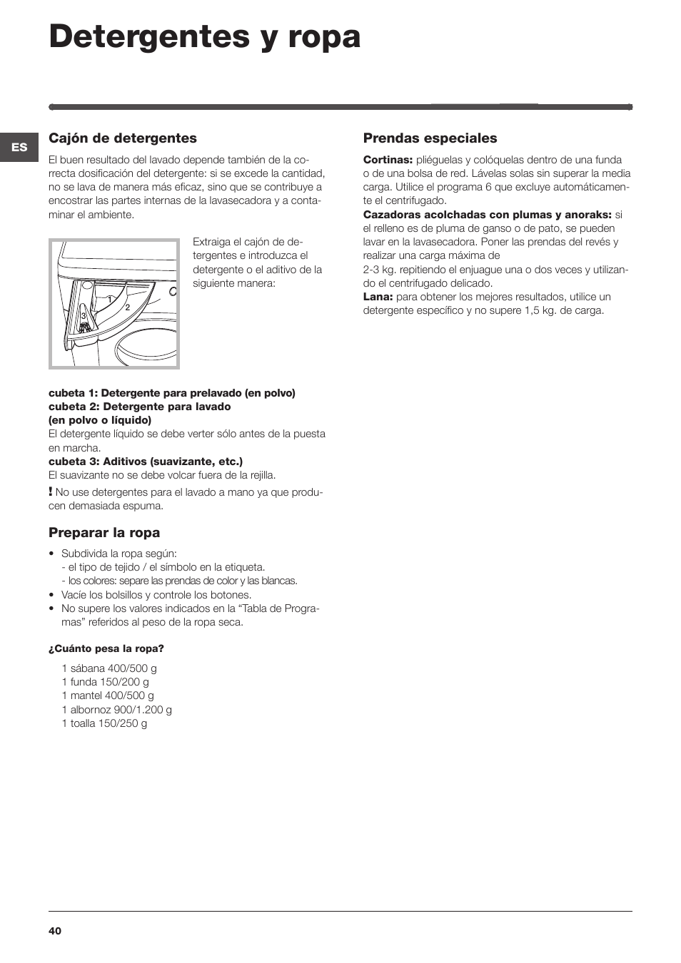 Detergentes y ropa | Indesit IWDE-127-EU User Manual | Page 40 / 56