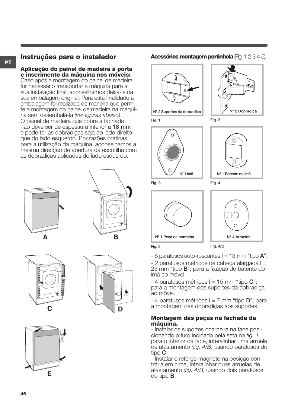 Ab c d e, Instruções para o instalador | Indesit IWDE-127-EU User Manual | Page 46 / 56