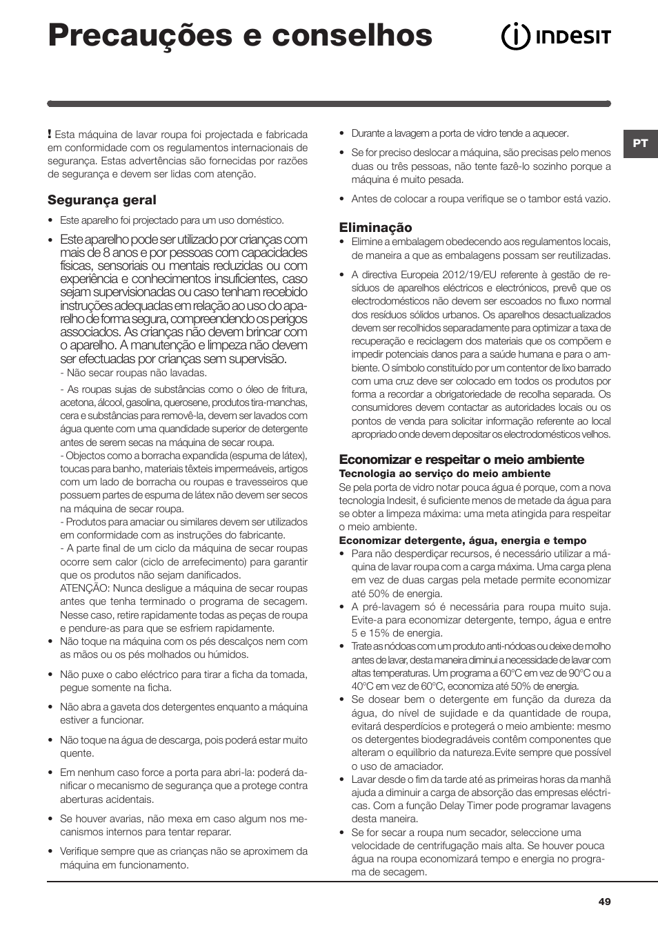 Precauções e conselhos | Indesit IWDE-127-EU User Manual | Page 49 / 56