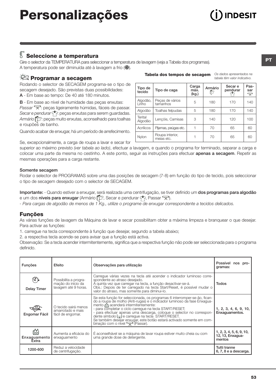 Personalizações, Seleccione a temperatura, Programar a secagem | Funções | Indesit IWDE-127-EU User Manual | Page 53 / 56