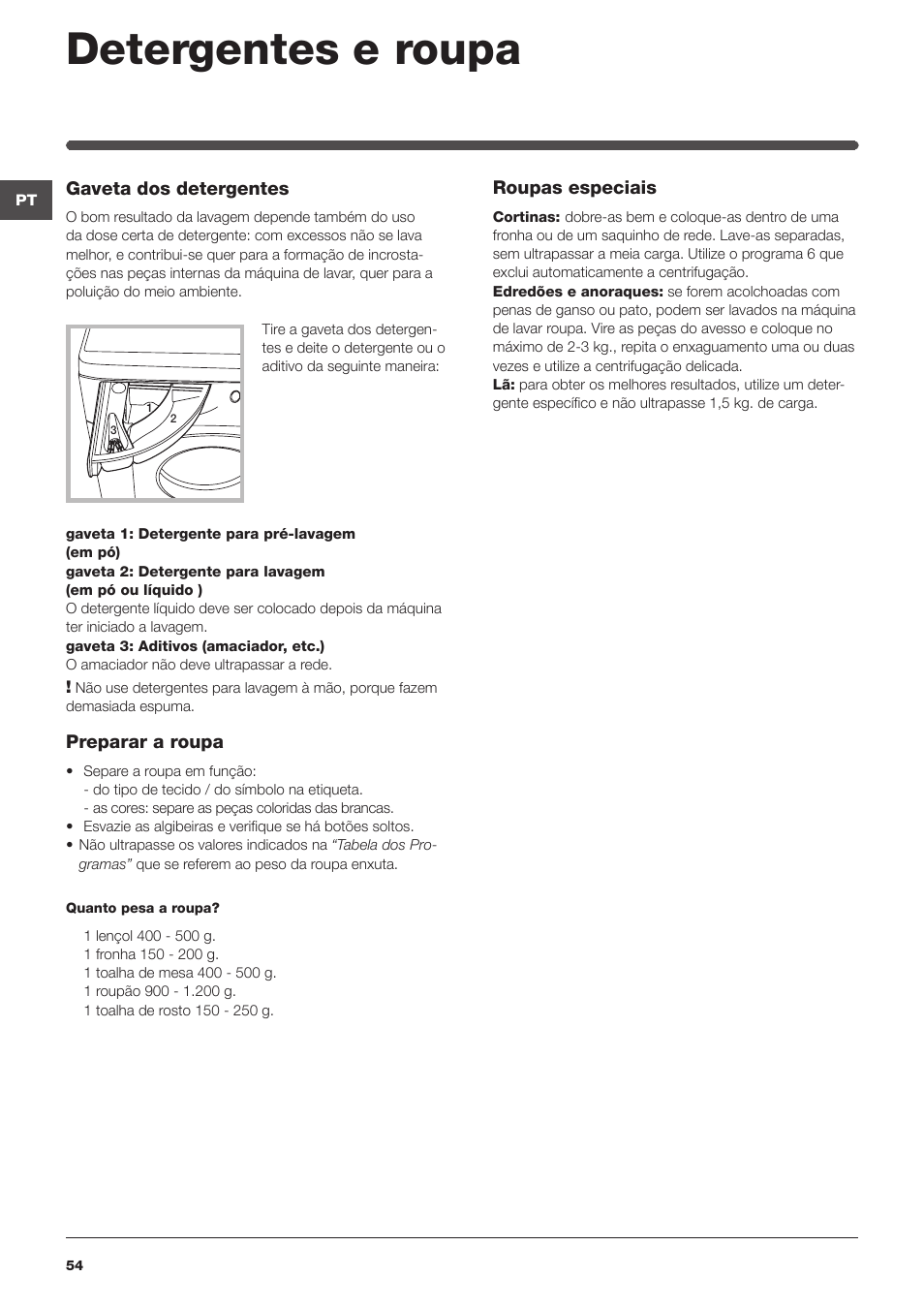 Detergentes e roupa | Indesit IWDE-127-EU User Manual | Page 54 / 56