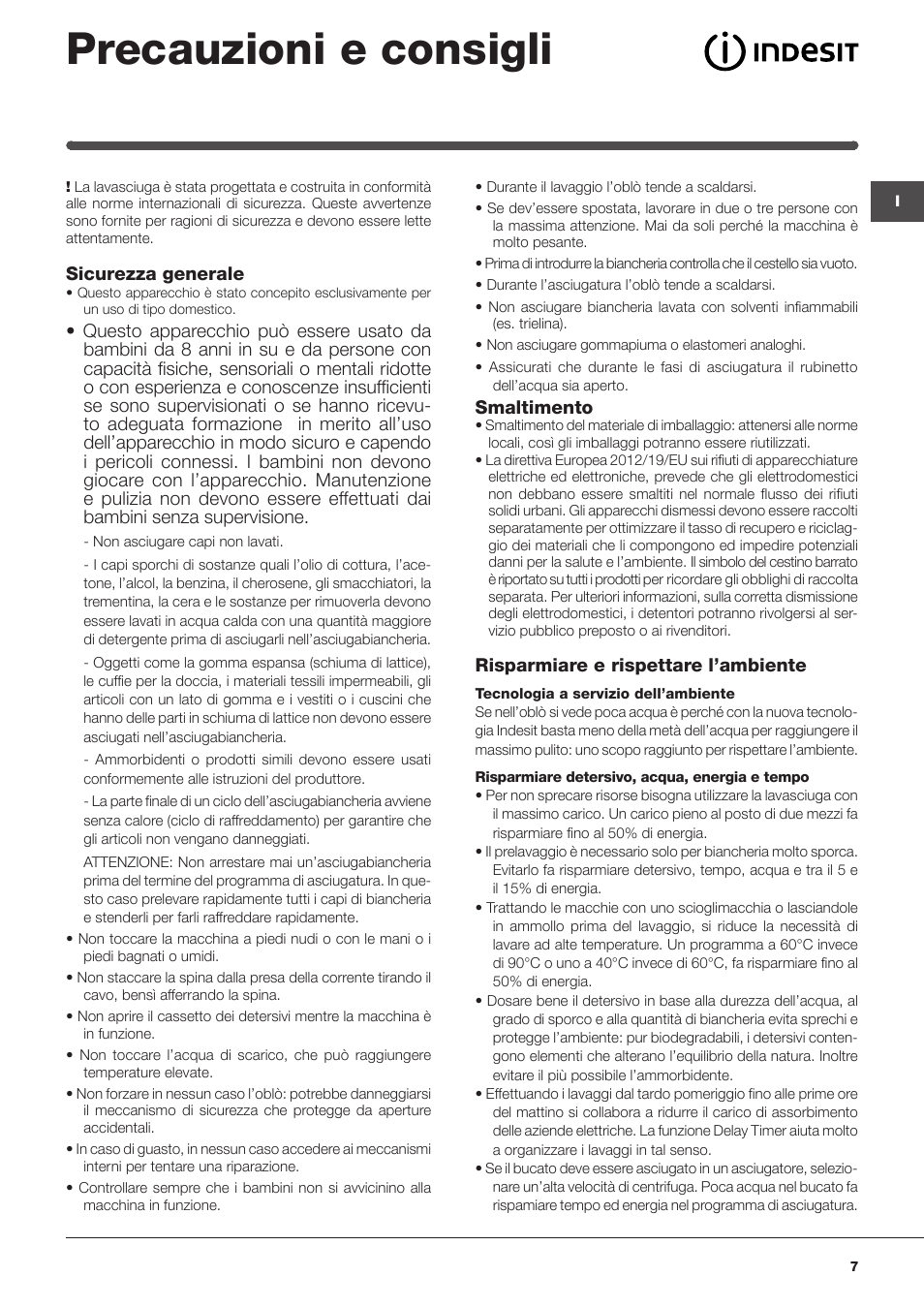 Precauzioni e consigli | Indesit IWDE-127-EU User Manual | Page 7 / 56