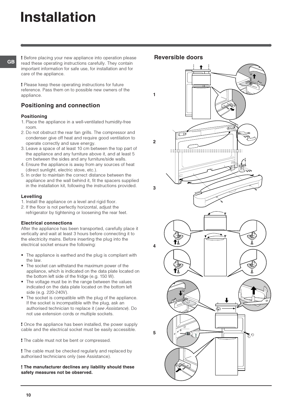 Installation, Positioning and connection, Reversible doors | Indesit TAAN-6-FNF User Manual | Page 10 / 64