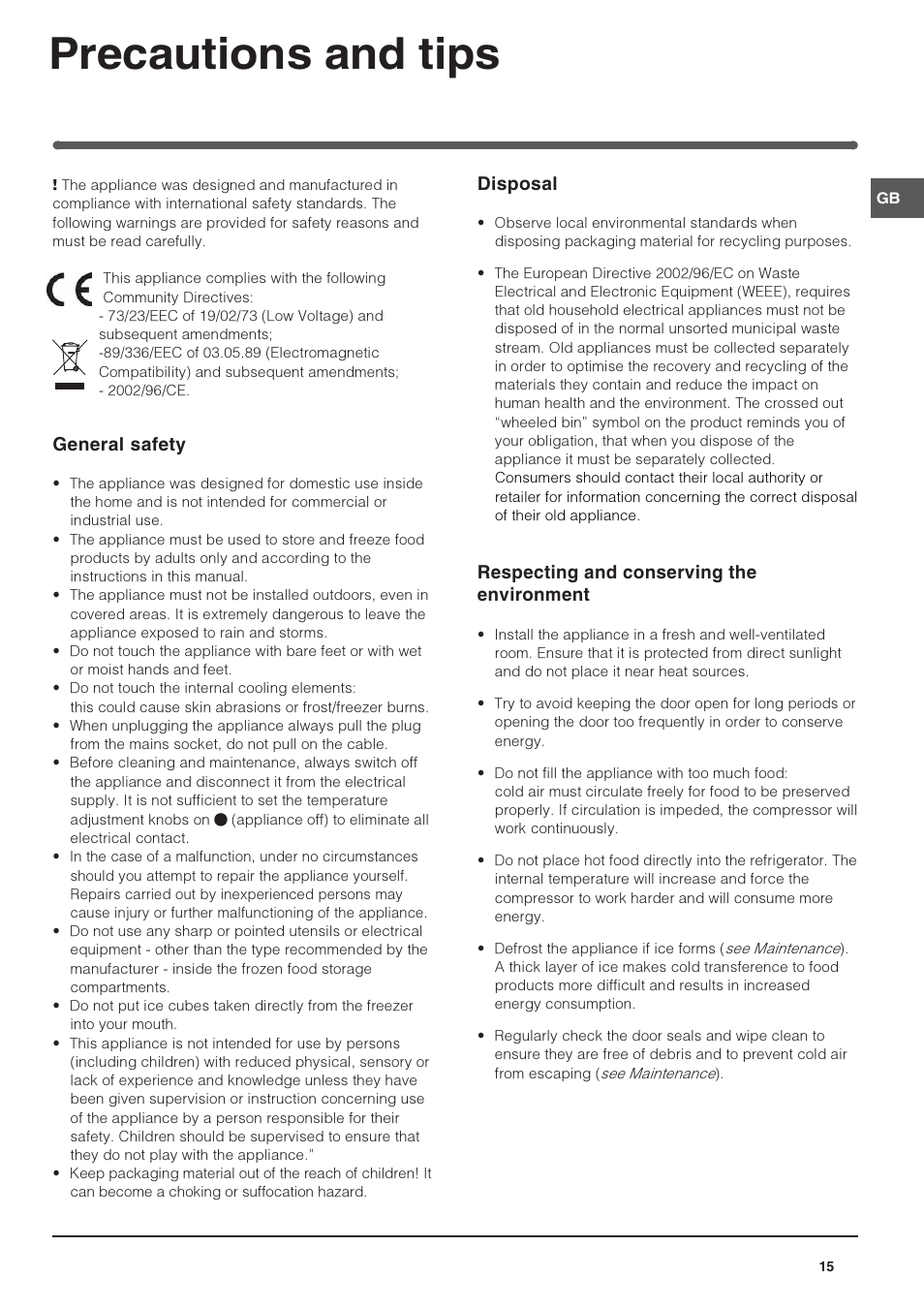 Precautions and tips, General safety, Disposal | Respecting and conserving the environment | Indesit TAAN-6-FNF User Manual | Page 15 / 64