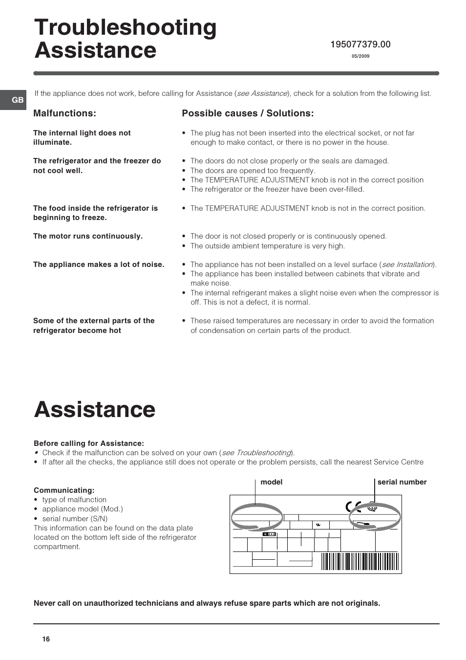 Troubleshooting assistance, Assistance, Malfunctions | Possible causes / solutions | Indesit TAAN-6-FNF User Manual | Page 16 / 64