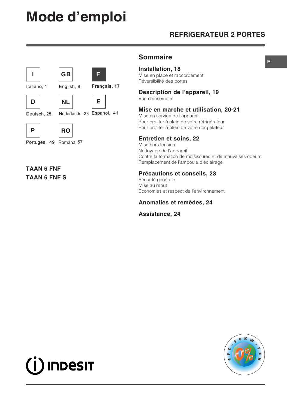 Mode demploi, Refrigerateur 2 portes, Sommaire | Indesit TAAN-6-FNF User Manual | Page 17 / 64