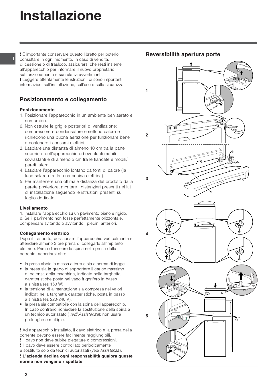 Installazione, Reversibilità apertura porte, Posizionamento e collegamento | Indesit TAAN-6-FNF User Manual | Page 2 / 64