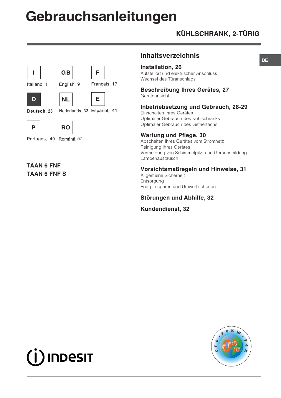 Gebrauchsanleitungen, Kühlschrank, 2-türig inhaltsverzeichnis | Indesit TAAN-6-FNF User Manual | Page 25 / 64