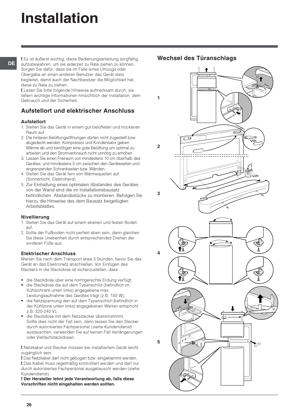 Installation, Aufstellort und elektrischer anschluss, Wechsel des türanschlags | Indesit TAAN-6-FNF User Manual | Page 26 / 64