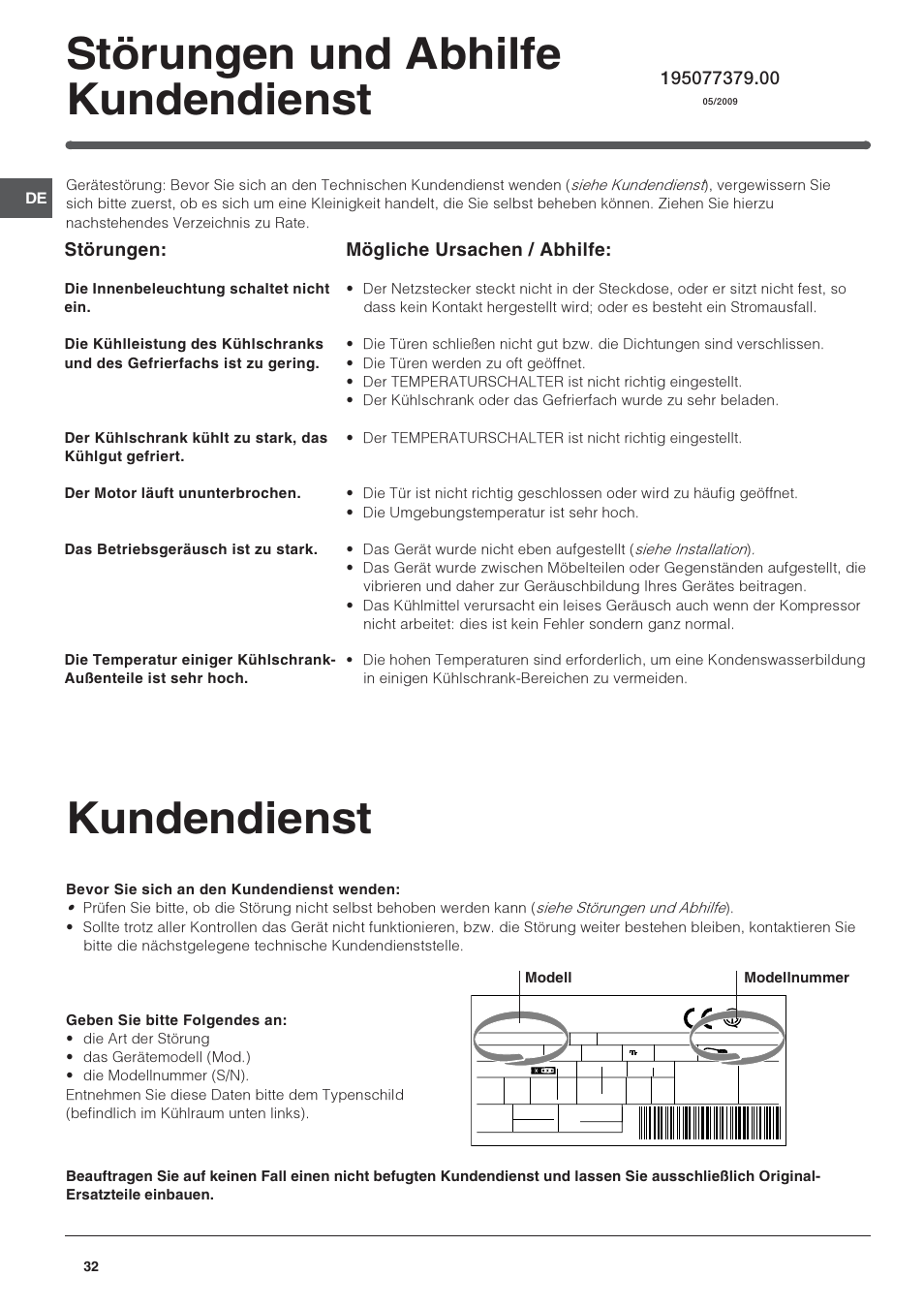 Kundendienst, Störungen und abhilfe kundendienst, Störungen | Mögliche ursachen / abhilfe | Indesit TAAN-6-FNF User Manual | Page 32 / 64