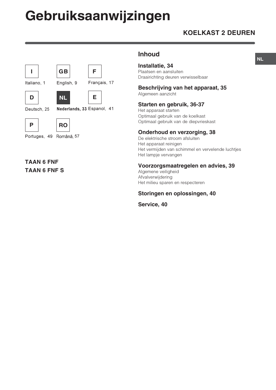 Gebruiksaanwijzingen, Koelkast 2 deuren inhoud | Indesit TAAN-6-FNF User Manual | Page 33 / 64