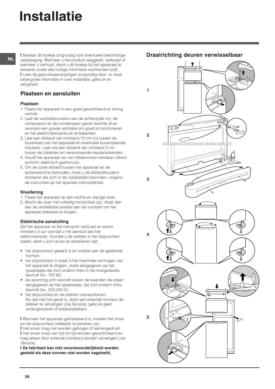 Installatie, Draairichting deuren verwisselbaar, Plaatsen en aansluiten | Indesit TAAN-6-FNF User Manual | Page 34 / 64
