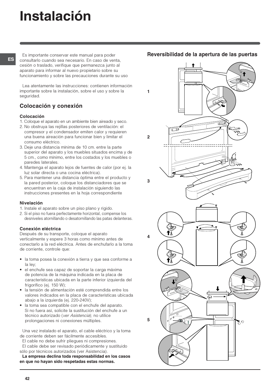 Instalación, Colocación y conexión, Reversibilidad de la apertura de las puertas | Indesit TAAN-6-FNF User Manual | Page 42 / 64