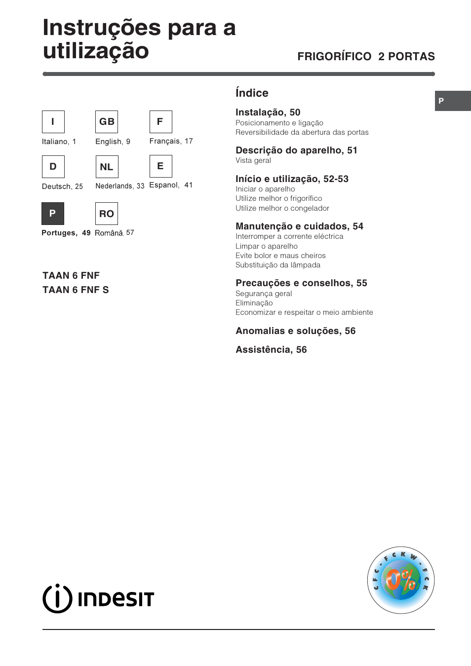 Instruções para a utilização, Frigorífico 2 portas índice | Indesit TAAN-6-FNF User Manual | Page 49 / 64