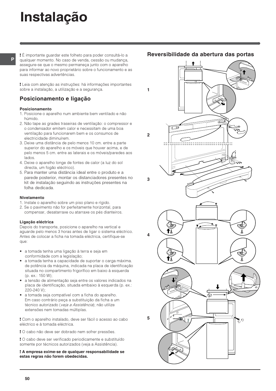 Instalação, Posicionamento e ligação, Reversibilidade da abertura das portas | Indesit TAAN-6-FNF User Manual | Page 50 / 64