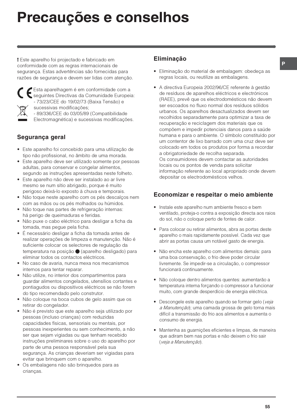 Precauções e conselhos, Eliminação, Economizar e respeitar o meio ambiente | Segurança geral | Indesit TAAN-6-FNF User Manual | Page 55 / 64