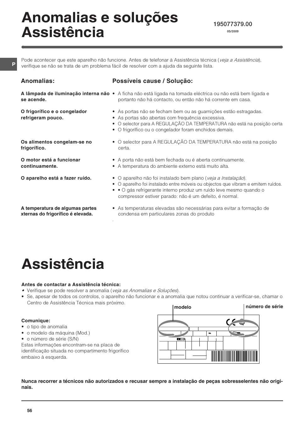 Assistência, Anomalias e soluções assistência, Anomalias | Possíveis cause / solução | Indesit TAAN-6-FNF User Manual | Page 56 / 64