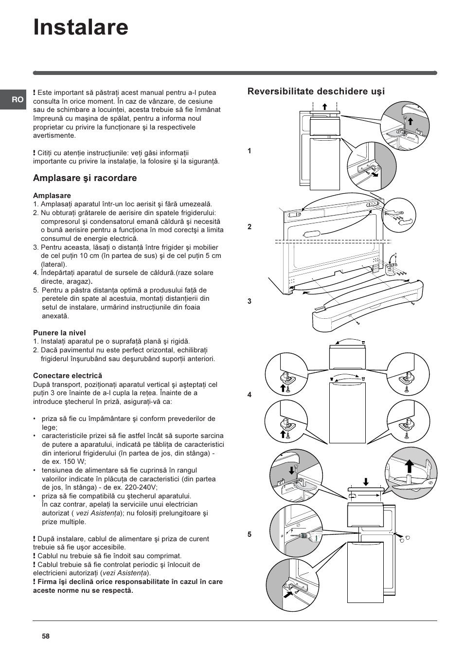 Instalare, Amplasare ºi racordare, Reversibilitate deschidere uºi | Indesit TAAN-6-FNF User Manual | Page 58 / 64