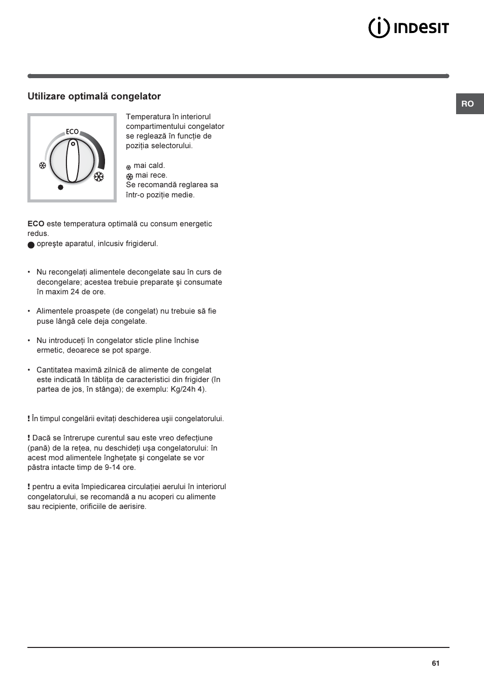 Utilizare optimalã congelator | Indesit TAAN-6-FNF User Manual | Page 61 / 64