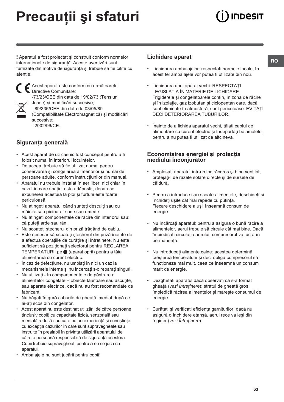 Precauþii ºi sfaturi, Siguranþa generalã, Lichidare aparat | Indesit TAAN-6-FNF User Manual | Page 63 / 64