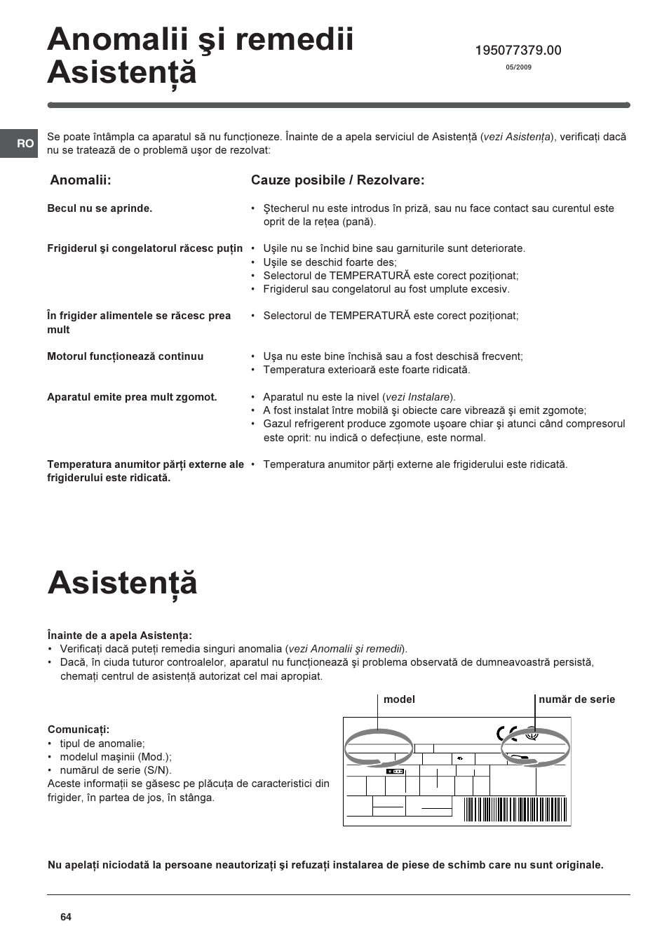 Asistenþã, Anomalii ºi remedii asistenþã, Anomalii | Cauze posibile / rezolvare | Indesit TAAN-6-FNF User Manual | Page 64 / 64