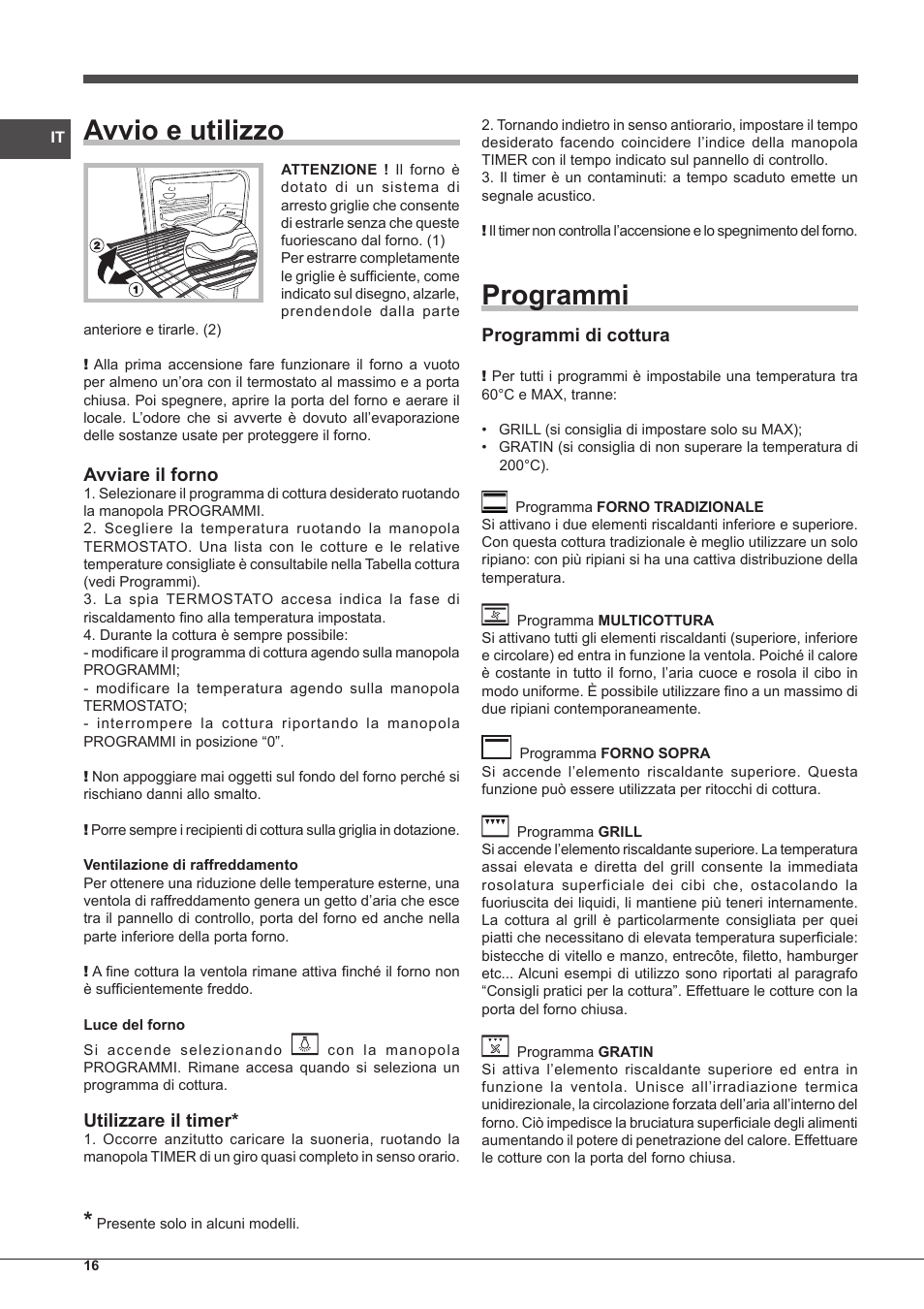 Avvio e utilizzo, Programmi, Avviare il forno | Utilizzare il timer, Programmi di cottura | Indesit FIM-51-K.A-IX-S User Manual | Page 16 / 76