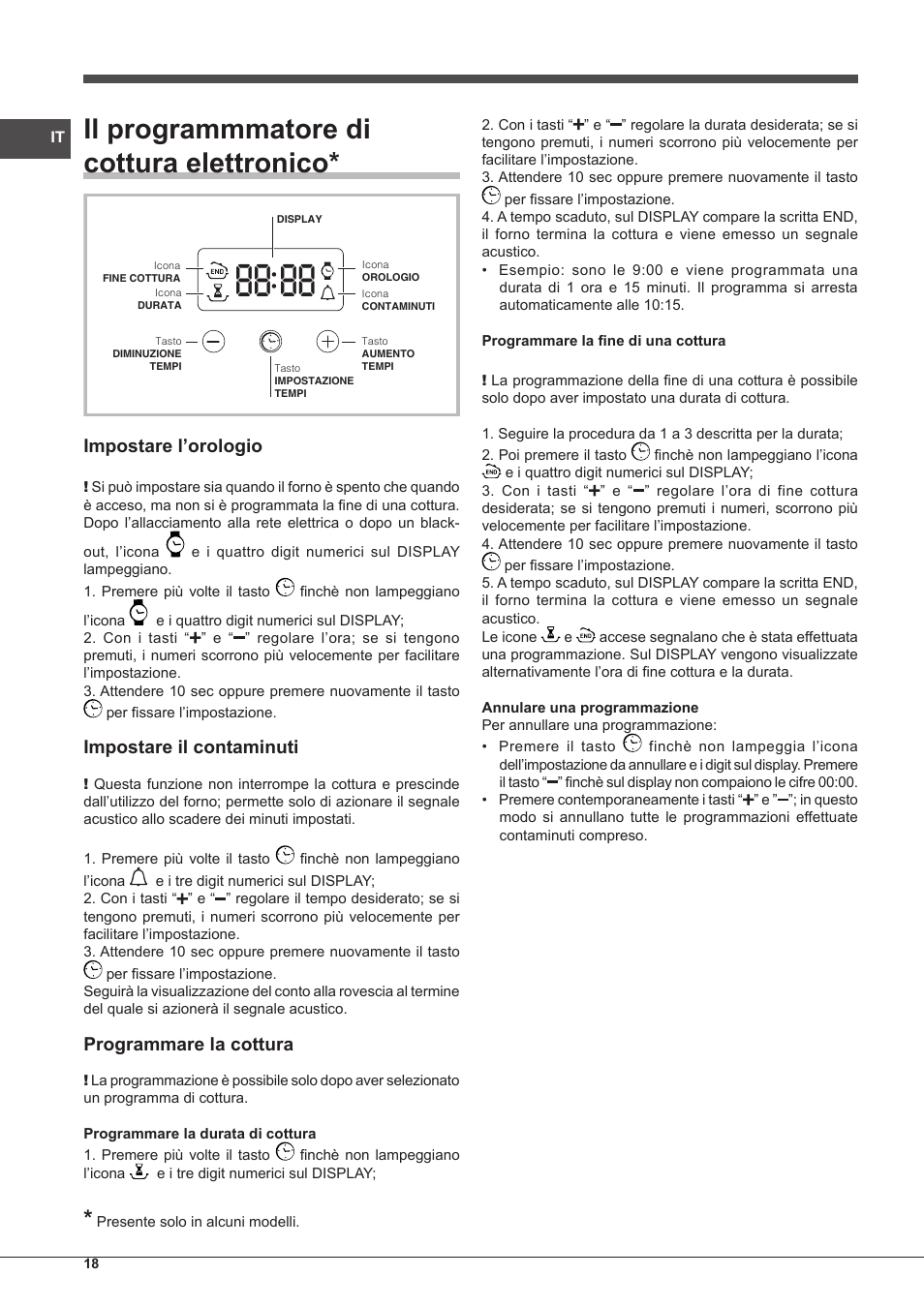 Il programmmatore di cottura elettronico, Impostare l’orologio, Impostare il contaminuti | Programmare la cottura | Indesit FIM-51-K.A-IX-S User Manual | Page 18 / 76