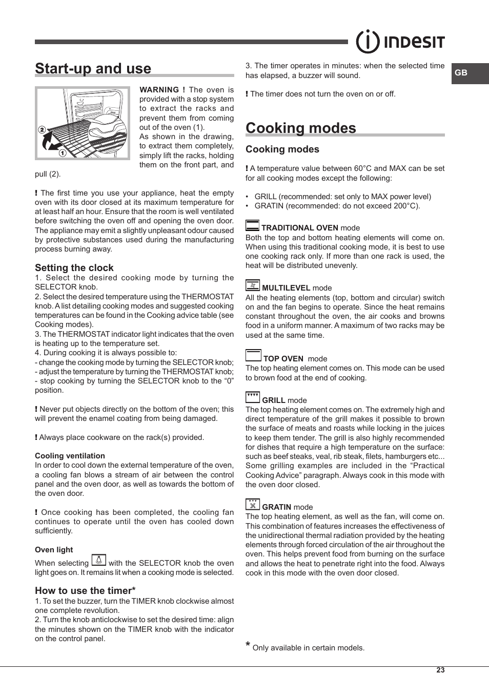 Start-up and use, Cooking modes, Setting the clock | How to use the timer | Indesit FIM-51-K.A-IX-S User Manual | Page 23 / 76