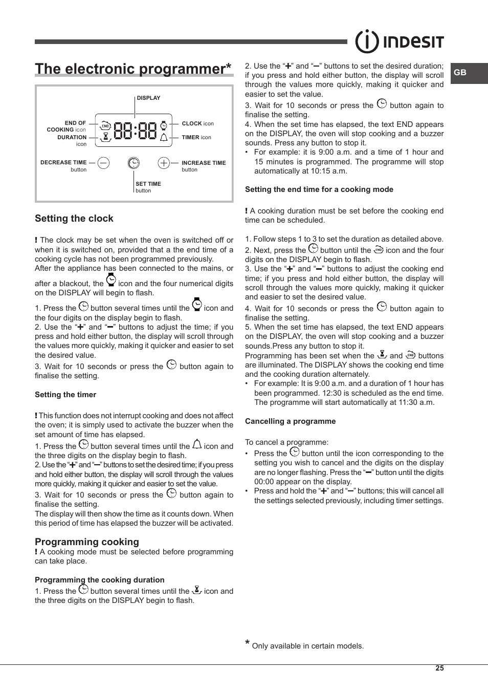The electronic programmer, Setting the clock, Programming cooking | Indesit FIM-51-K.A-IX-S User Manual | Page 25 / 76