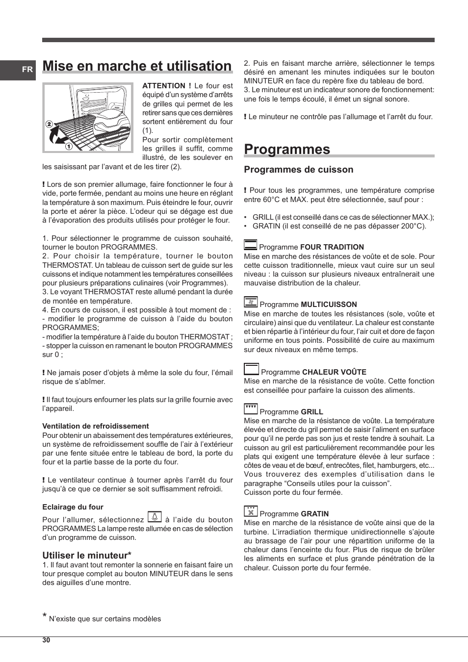Mise en marche et utilisation, Programmes, Utiliser le minuteur | Programmes de cuisson | Indesit FIM-51-K.A-IX-S User Manual | Page 30 / 76