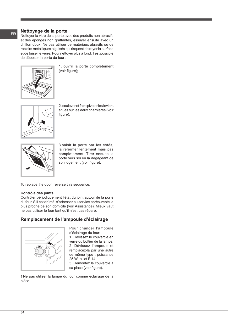 Nettoyage de la porte, Remplacement de l’ampoule d’éclairage | Indesit FIM-51-K.A-IX-S User Manual | Page 34 / 76