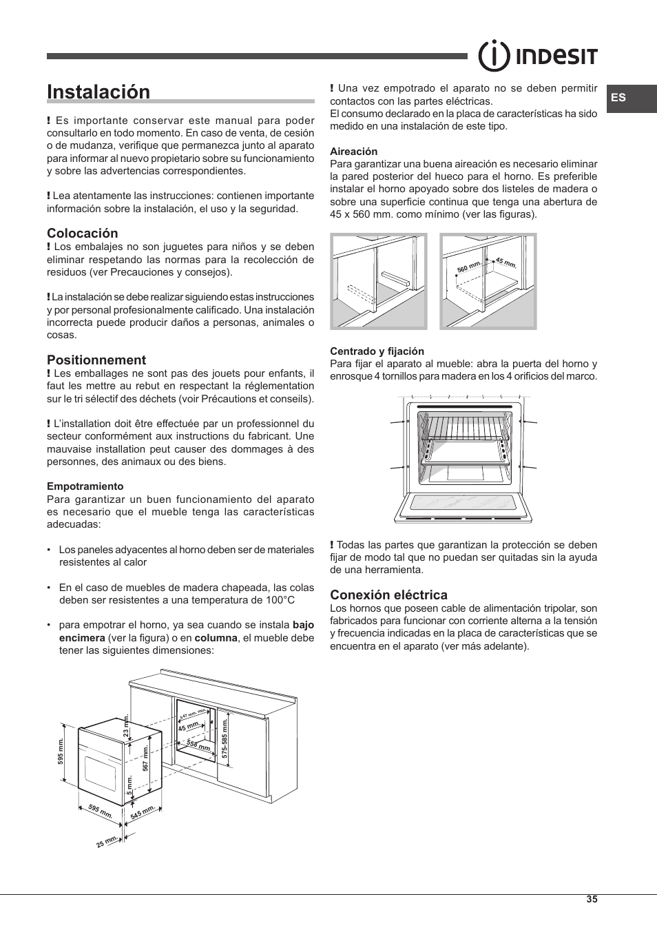 Instalación, Colocación, Positionnement | Conexión eléctrica | Indesit FIM-51-K.A-IX-S User Manual | Page 35 / 76