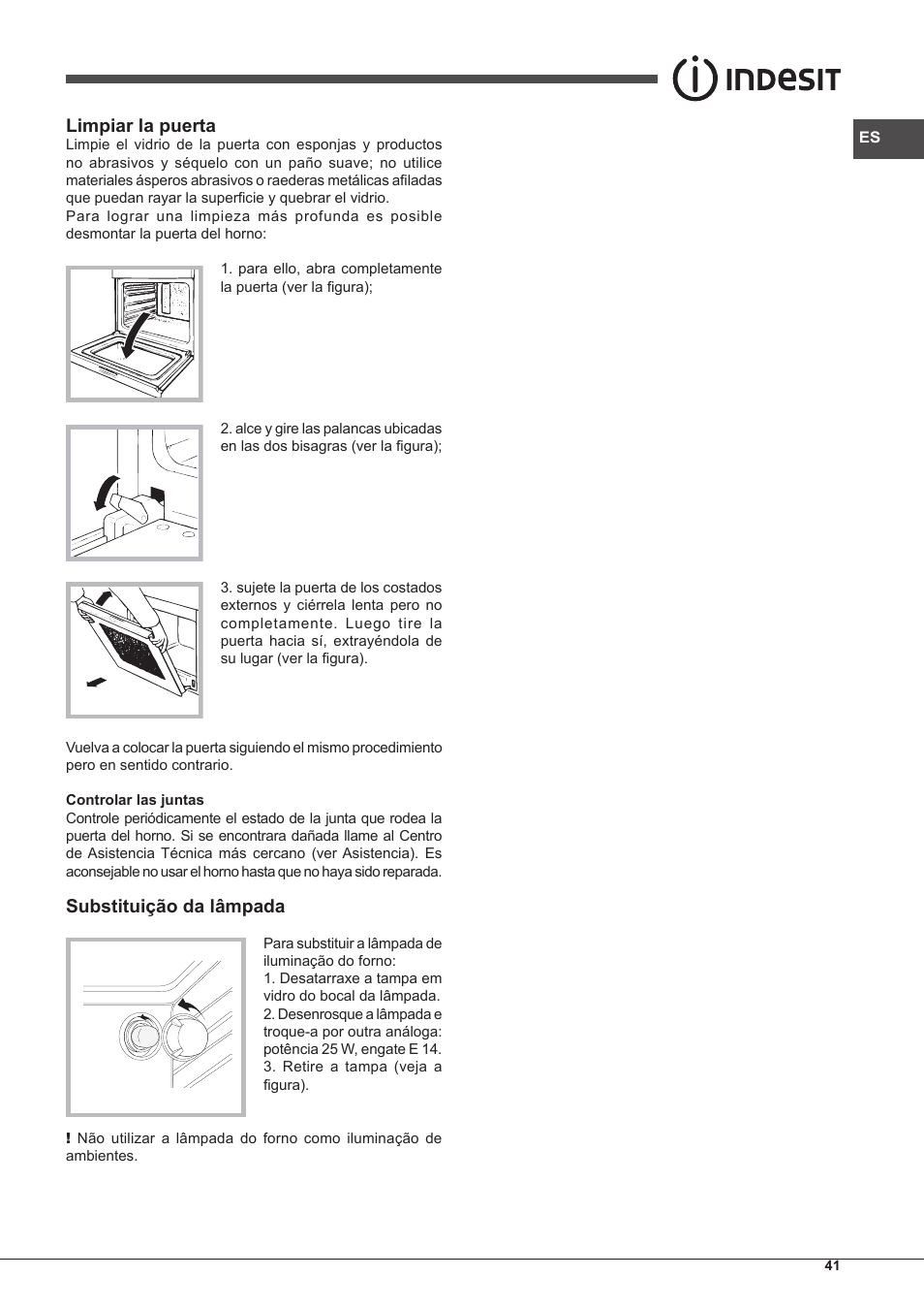 Limpiar la puerta, Substituição da lâmpada | Indesit FIM-51-K.A-IX-S User Manual | Page 41 / 76