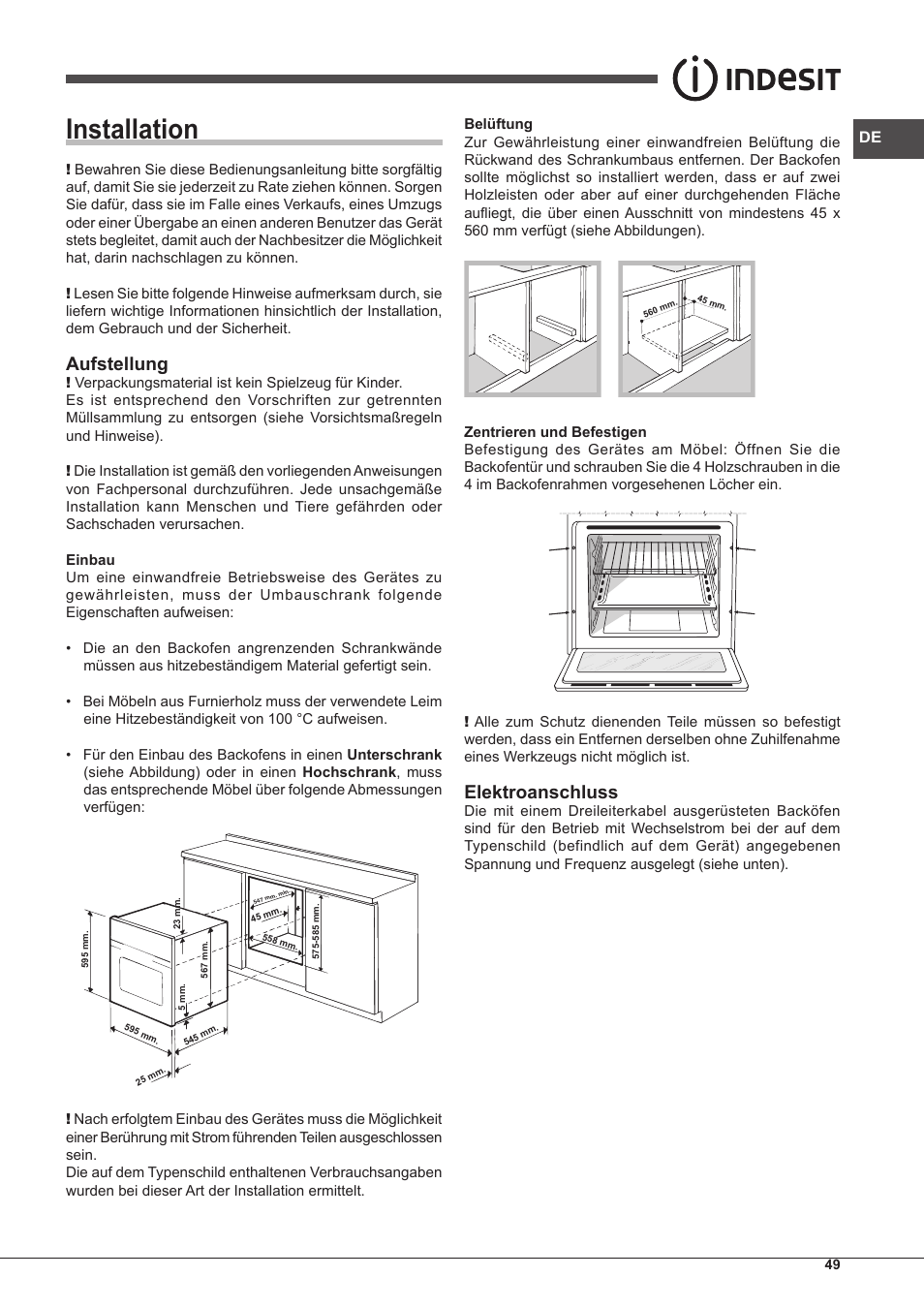 Installation, Aufstellung, Elektroanschluss | Indesit FIM-51-K.A-IX-S User Manual | Page 49 / 76