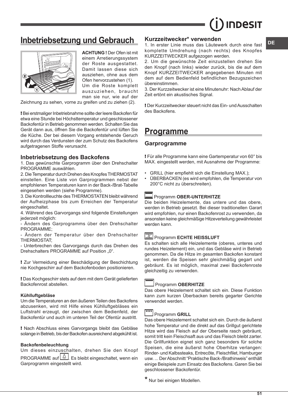 Inbetriebsetzung und gebrauch, Programme, Inbetriebsetzung des backofens | Kurzzeitwecker* verwenden, Garprogramme | Indesit FIM-51-K.A-IX-S User Manual | Page 51 / 76