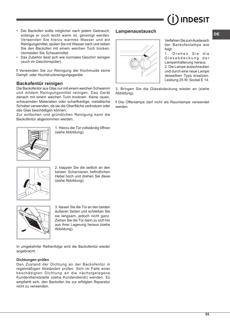 Backofentür reinigen, Lampenaustausch | Indesit FIM-51-K.A-IX-S User Manual | Page 55 / 76