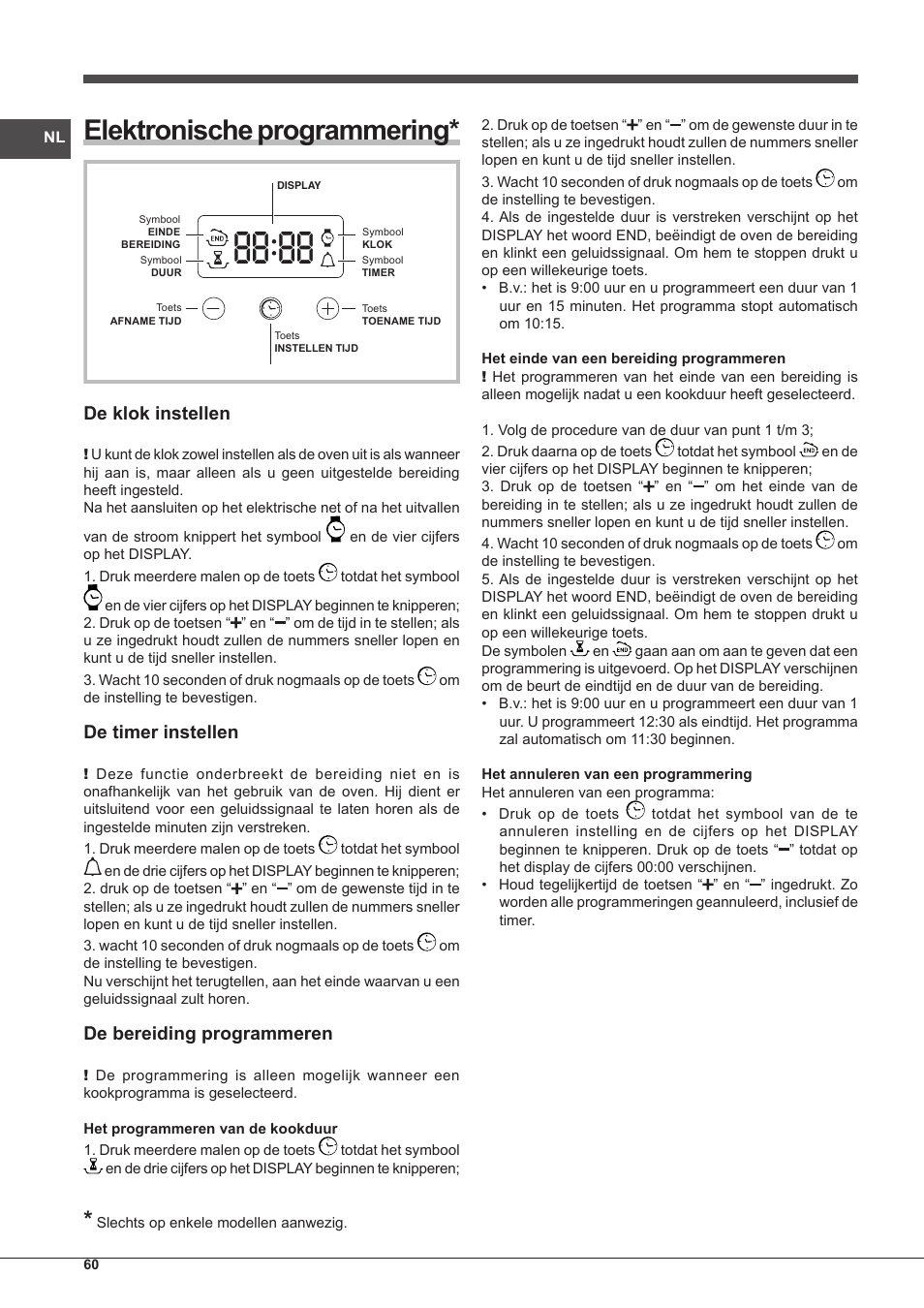 Elektronische programmering, De klok instellen, De timer instellen | De bereiding programmeren | Indesit FIM-51-K.A-IX-S User Manual | Page 60 / 76