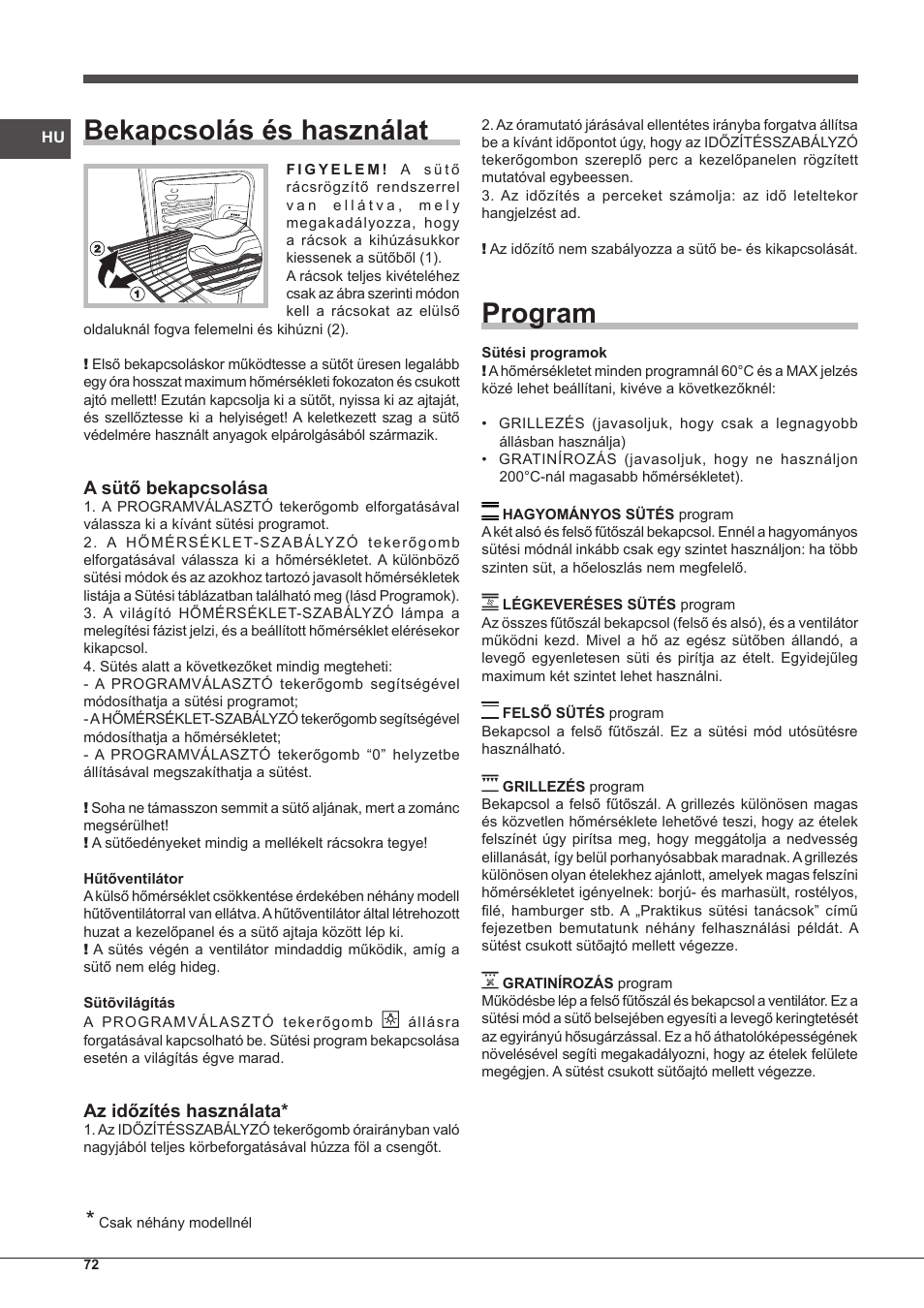Bekapcsolás és használat, Program, A sütő bekapcsolása | Az időzítés használata | Indesit FIM-51-K.A-IX-S User Manual | Page 72 / 76