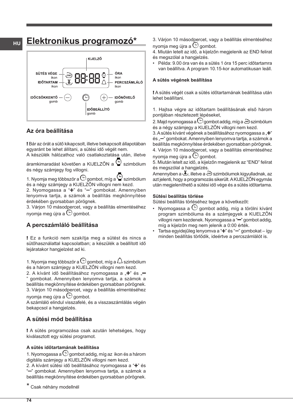 Elektronikus programozó, Az óra beállítása, A percszámláló beállítása | A sütési mód beállítása | Indesit FIM-51-K.A-IX-S User Manual | Page 74 / 76