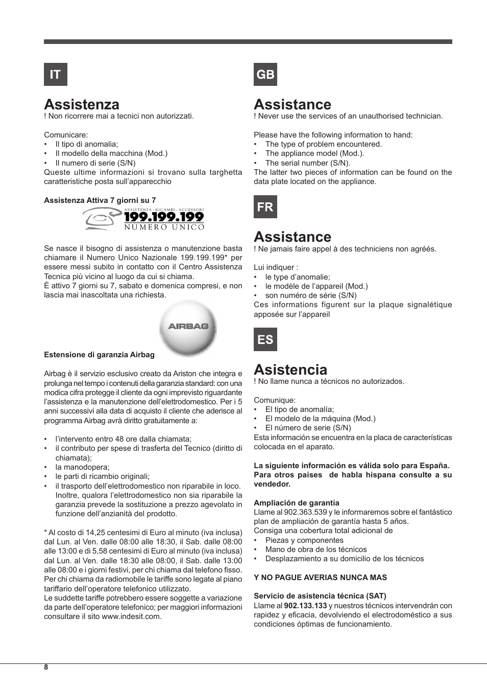 Assistenza, Assistance, Asistencia | Indesit FIM-51-K.A-IX-S User Manual | Page 8 / 76