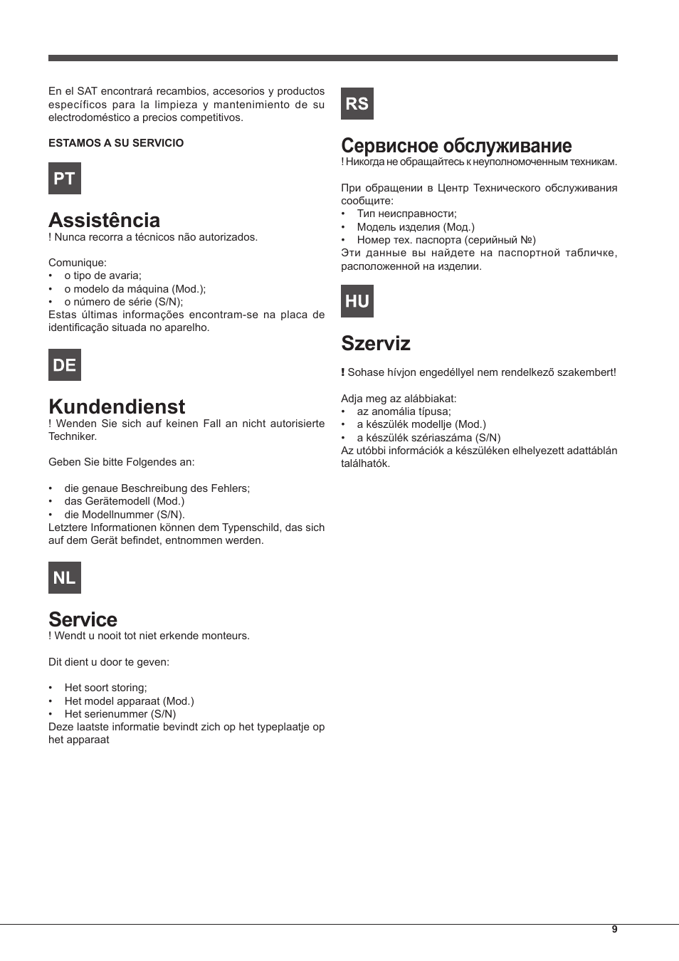 Assistência, Kundendienst, Service | Сервисное обслуживание, Szerviz | Indesit FIM-51-K.A-IX-S User Manual | Page 9 / 76