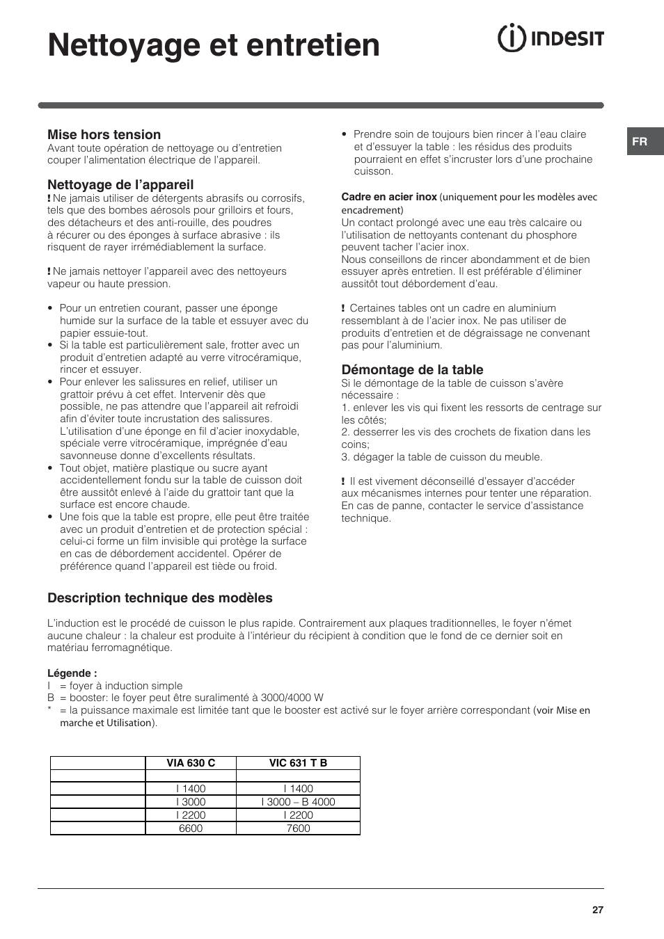 Nettoyage et entretien, Mise hors tension, Nettoyage de l’appareil | Démontage de la table, Description technique des modèles | Indesit VIA-630-C User Manual | Page 27 / 84